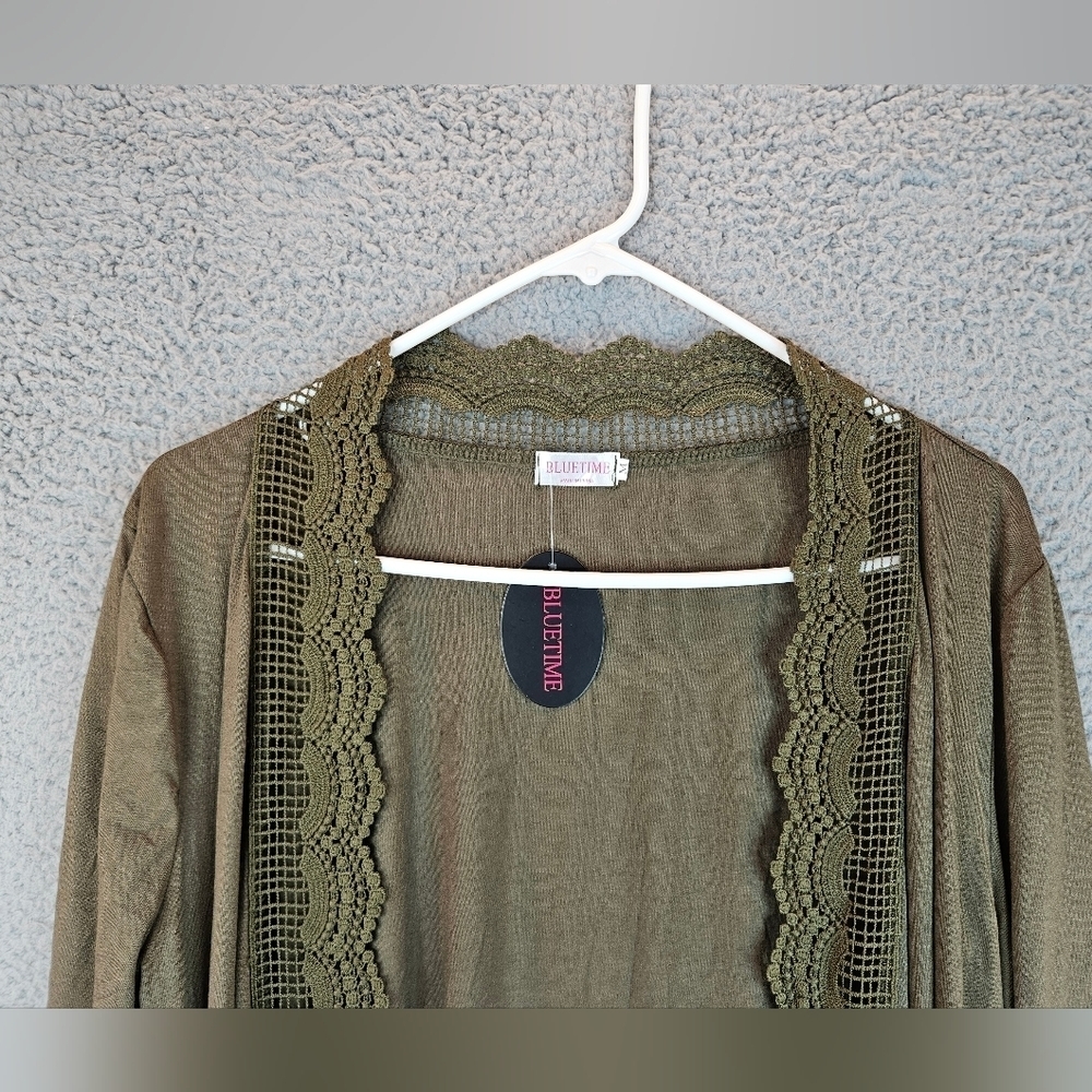Bluetime Womens Green Long Line Open Front Lace Trim Cardigan Sz M=8/10 - Picture 2 of 11